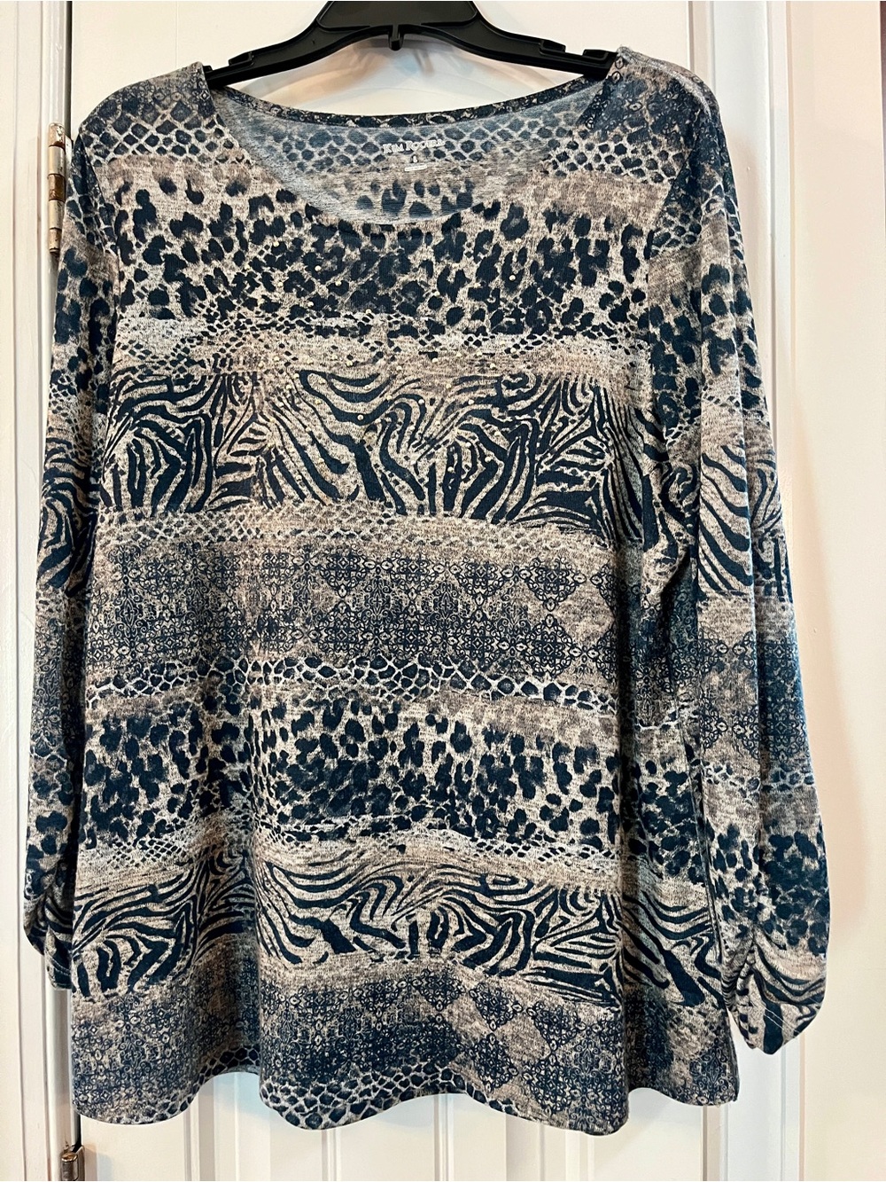 Kim Rogers black/ Cream Animal-Print Long Sleeve Top w/beads tunic length